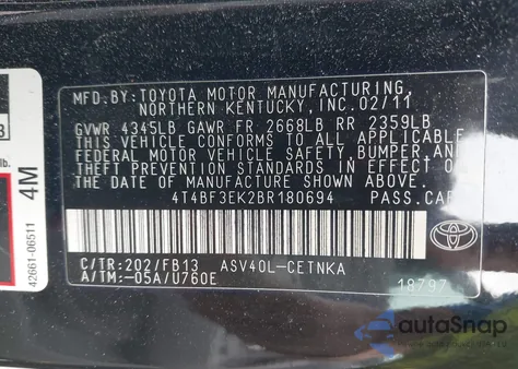 2011 Toyota Camry Le из США, поврежденный, VIN 4T4BF3EK2BR180694